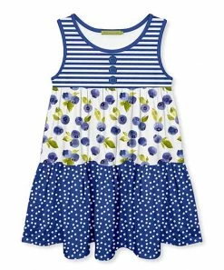 Hot Sale 🔔 Millie Loves Lily White & Blue Stripe Blue Berries Tiered Sleeveless A-Line 👗 Dress - 👧 Girls For Kids 😉