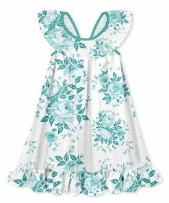 Best deal ⌛ Millie Loves Lily White & Turquoise Floral Ruffle Yoke A-Line 👗 Dress - 👧 Girls For Kids 🥰
