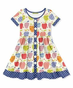 Outlet 🤩 Millie Loves Lily Ecru & Dusty Blue Apples Button-Up A-Line 👗 Dress - Infant, Toddler & 👧 Girls For Kids ❤️
