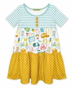 New 🔔 Millie Loves Lily Turquoise & White School Bag Tiered A-Line 👗 Dress - Toddler & 👧 Girls For Kids 🎉