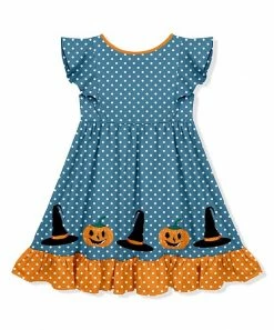 Coupon 🎉 Millie Loves Lily Teal & Orange Polka Dot Pumpkin Witch Hat Angel-Sleeve 👗 Dress - Toddler & 👧 Girls For Kids 🎁 -Little Millie-shop zu95795377 alt 2 tm1621431324