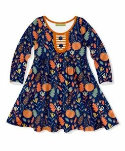 Cheapest ⭐ Millie Loves Lily Navy Pumpkin & Leaves Button-Front A-Line 👗 Dress - Toddler & 👧 Girls For Kids ⭐