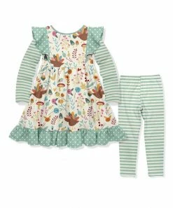 Cheapest ⭐ Millie Loves Lily Ecru Turkey Garden Ruffle A-Line 👗 Dress & Mint Stripe Leggings - 👧 Girls For Kids 😀 -Little Millie-shop zu95795708 alt 2 tm1633547842