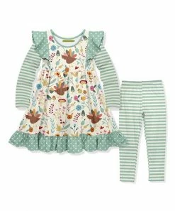 Cheapest ⭐ Millie Loves Lily Ecru Turkey Garden Ruffle A-Line 👗 Dress & Mint Stripe Leggings - 👧 Girls For Kids 😀