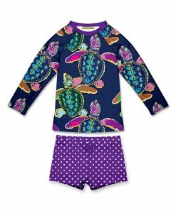 Buy ❤️ Millie Loves Lily Navy & Purple Dot Turtle Long-Sleeve Rashguard Set - 👧 Girls For Kids 🔔