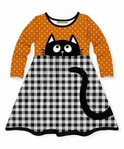 Flash Sale 😉 Millie Loves Lily Orange & Black Gingham Cat A-Line 👗 Dress - 👧 Girls For Kids 🤩