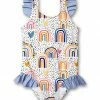 Best Sale ❤️ Millie Loves Lily White & Coral 'Follow The Rainbow' Ruffle One-Piece - 👧 Girls For Kids 😀