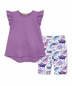 Best deal ✨ Millie Loves Lily Purple Angel-Sleeve Hi-Low Top & White Boho Dino Bike Shorts - Infant & 👧 Girls For Kids 😍