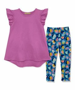 Deals 🔔 Millie Loves Lily Violet Angel-Sleeve Hi-Low Top & Technicolor Leopard Leggings - Toddler & 👧 Girls For Kids 🔔