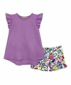 Best Sale 👏 Millie Loves Lily Purple & Pink Floral Fantasy Angel-Sleeve Hi-Low Top & Shorts - Toddler For Kids ⭐