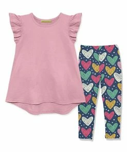 Hot Sale 🔥 Millie Loves Lily Dusty Pink Angel-Sleeve Hi-Low Top & Navy Alex Heart Leggings - Infant, Toddler & 👧 Girls For Kids 😉