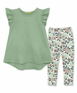 New ✔️ Millie Loves Lily Sage Angel-Sleeve Hi-Low Top & Flower Femme Leggings - Toddler & 👧 Girls For Kids 🧨