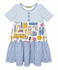 Cheapest 💯 Millie Loves Lily White & Periwinkle Stripe & School Bag Tiered Swing 👗 Dress - 👧 Girls For Kids ❤️
