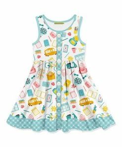Budget 🔔 Millie Loves Lily White & Blue School Bag Sleeveless A-Line 👗 Dress - Infant, Toddler & 👧 Girls For Kids ✨
