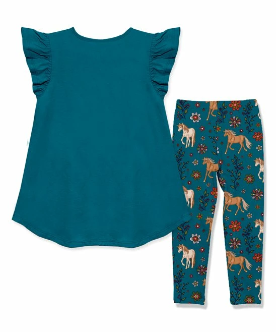Top 10 π Millie Loves Lily Teal Angel-Sleeve Hi-Low Top & Teal Horses Leggings - π§ Girls For Kids π 2 Top 10 π Millie Loves Lily Teal Angel-Sleeve Hi-Low Top & Teal Horses Leggings - π§ Girls For Kids π - Image 2