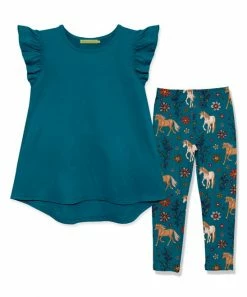 Top 10 😉 Millie Loves Lily Teal Angel-Sleeve Hi-Low Top & Teal Horses Leggings - 👧 Girls For Kids 😍