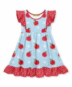 Deals 🔔 Millie Loves Lily Pale Blue & Red Vintage Apple Angel-Sleeve 👗 Dress - 👧 Girls For Kids ✨