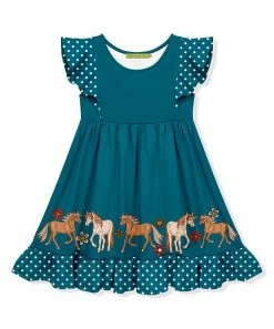 Hot Sale ✨ Millie Loves Lily Teal & White Polka Dot Pony Border Angel-Sleeve 👗 Dress - Toddler & 👧 Girls For Kids 😀