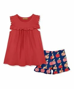 Cheap ⌛ Millie Loves Lily Red Ruffle-Accent Tank & Navy Patchwork Apple Ruffle Shorts - Infant & 👧 Girls For Kids 😍