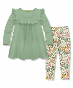 Outlet 🎁 Millie Loves Lily Sage Ruffle Long-Sleeve Babydoll Top & Cream Millie Floral Leggings - Infant, Toddler & 👧 Girls For Kids ✨