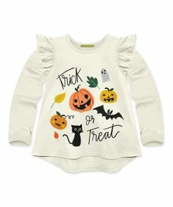 Outlet 👏 Millie Loves Lily Cream Pumpkin Face Ruffle Long-Sleeve Hi-Low Top - 👧 Girls For Kids 🔔
