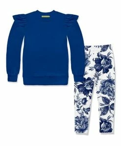 Discount 👏 Millie Loves Lily Cobalt & Toile Navy Floral Ruffle-Sleeve Sweatshirt & Leggings - 👧 Girls For Kids 🎉