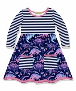 Best reviews of ❤️ Millie Loves Lily Navy & Purple Stripe Boho Dino Pocket A-Line 👗 Dress - 👧 Girls For Kids 💯