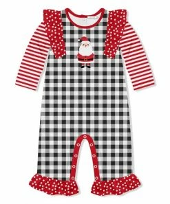 Best Pirce 🛒 Little Millie Black & White Buffalo Check Santa Ruffle-Trim Playsuit - Infant For Kids 👏