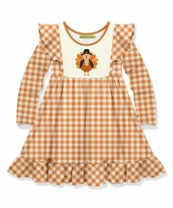 New 😍 Millie Loves Lily Orange Gingham Turkey Long-Sleeve A-Line 👗 Dress - 👧 Girls For Kids 🛒