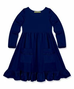 Promo 🎉 Simply Millie By Millie Loves Lily Navy Long-Sleeve Pocket A-Line 👗 Dress - 👧 Girls For Kids 👍