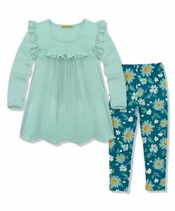 Coupon ✨ Millie Loves Lily Mint Ruffle Long-Sleeve Tunic & Teal Fall Daisy Leggings - Infant, Toddler & 👧 Girls For Kids ⭐