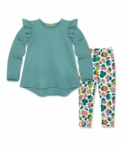 Best Pirce 🛒 Millie Loves Lily Nile Blue Angel-Sleeve Hi-Low Top & Teal Leopard Leggings - Infant, Toddler & 👧 Girls For Kids ❤️