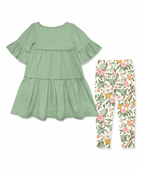 New π₯° Millie Loves Lily Sage Trumpet-Sleeve Tiered A-Line π Dress & Cream Millie Floral Leggings - Toddler & π§ Girls For Kids π 3 New π₯° Millie Loves Lily Sage Trumpet-Sleeve Tiered A-Line π Dress & Cream Millie Floral Leggings - Toddler & π§ Girls For Kids π - Image 3