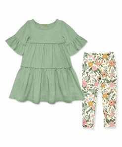 New 🥰 Millie Loves Lily Sage Trumpet-Sleeve Tiered A-Line 👗 Dress & Cream Millie Floral Leggings - Toddler & 👧 Girls For Kids 🔔