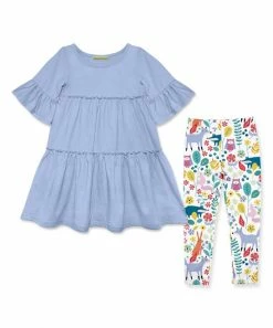 Deals ✨ Millie Loves Lily Periwinkle Trumpet-Sleeve Tiered A-Line 👗 Dress & White Woodland Leggings - Infant, Toddler & 👧 Girls For Kids 🔥