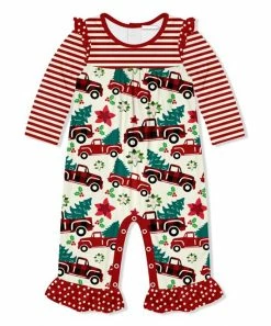Deals βοΈ Little Millie Cream & Red π Christmas Tree Truck Ruffle-Trim Playsuit - Infant & Toddler For Kids π₯