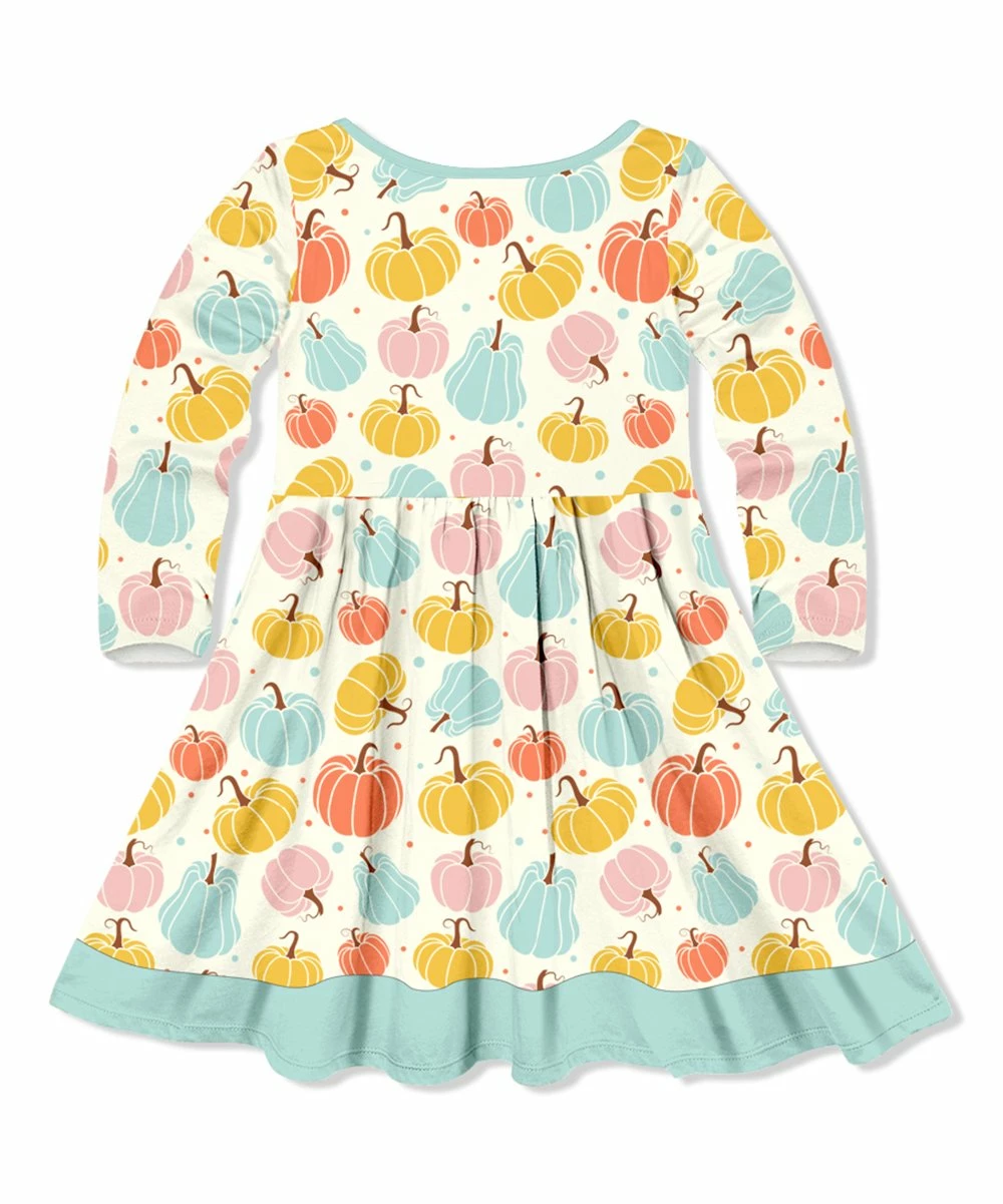 New π Millie Loves Lily Cream & Mint Pumpkins Long-Sleeve Button-Up A-Line π Dress - π§ Girls For Kids π 3 New π Millie Loves Lily Cream & Mint Pumpkins Long-Sleeve Button-Up A-Line π Dress - π§ Girls For Kids π - Image 3
