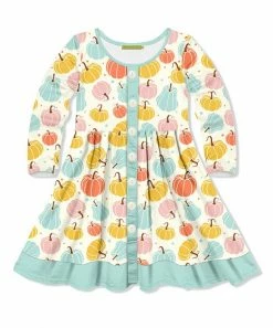 New 🎉 Millie Loves Lily Cream & Mint Pumpkins Long-Sleeve Button-Up A-Line 👗 Dress - 👧 Girls For Kids 😉