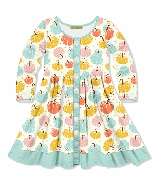 New π Millie Loves Lily Cream & Mint Pumpkins Long-Sleeve Button-Up A-Line π Dress - π§ Girls For Kids π 1 New π Millie Loves Lily Cream & Mint Pumpkins Long-Sleeve Button-Up A-Line π Dress - π§ Girls For Kids π