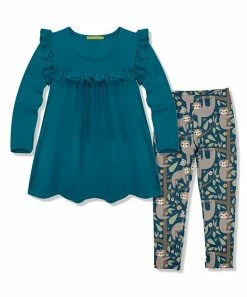 Cheap 🛒 Millie Loves Lily Teal Happy Sloths Ruffle Long-Sleeve Top & Leggings - Infant, Toddler & 👧 Girls For Kids 🌟