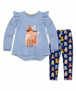 Best Pirce 🛒 Millie Loves Lily Periwinkle Ruffle Long-Sleeve Hi-Low Top & Kitty Cats Leggings - Infant, Toddler & 👧 Girls For Kids ✔️