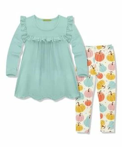 Hot Sale ✔️ Millie Loves Lily Mint Ruffle Long-Sleeve Top & Cream Pumpkin Leggings - Toddler & 👧 Girls For Kids 🔔