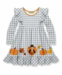 Cheapest 💯 Millie Loves Lily Gray Gingham Turkey Border Long-Sleeve A-Line 👗 Dress - Toddler & 👧 Girls For Kids 😉