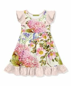 Promo 😀 Millie Loves Lily Cream & Pink Hydrangea Watercolor Angel-Sleeve 👗 Dress - Toddler & 👧 Girls For Kids 😉