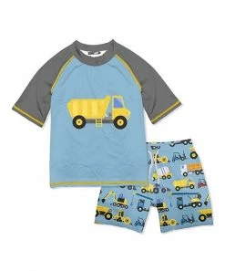 New ❤️ Millie & Maxx Gray & Blue Construction Truck Short-Sleeve Rashguard Set - Boys For Kids 🎉
