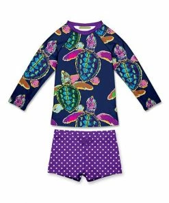Outlet 🤩 Millie Loves Lily Navy & Purple Turtle & Dot Long-Sleeve Rashguard Set - 👧 Girls For Kids 😍