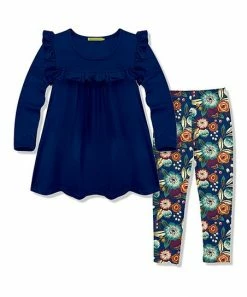 Discount 🧨 Millie Loves Lily Navy Ruffle-Trim Long-Sleeve Tunic & Famous Floral Leggings - Infant, Toddler & 👧 Girls For Kids 👏