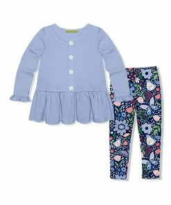 Best Pirce 🧨 Millie Loves Lily Periwinkle Button-Front Tunic & Navy Butterfly Garden Leggings - Toddler & 👧 Girls For Kids ✔️