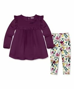 Buy 🌟 Little Millie Plum Ruffle-Accent Babydoll 👗 Dress & Cream Fall Petals Leggings - Infant & Toddler For Kids 🧨