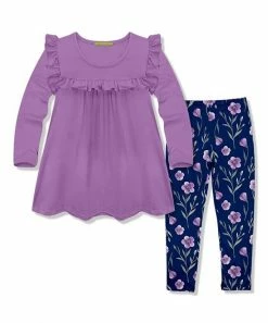 Discount ⌛ Millie Loves Lily Purple Ruffle Long-Sleeve Top & Navy Petals Leggings - Infant, Toddler & 👧 Girls For Kids 😀
